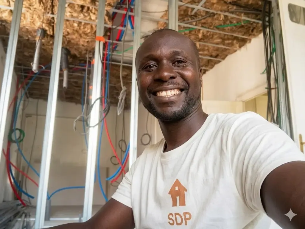 Amath Seye, artisan plaquiste et fondateur de SD Plâtrerie, sur un chantier d'ossature métallique